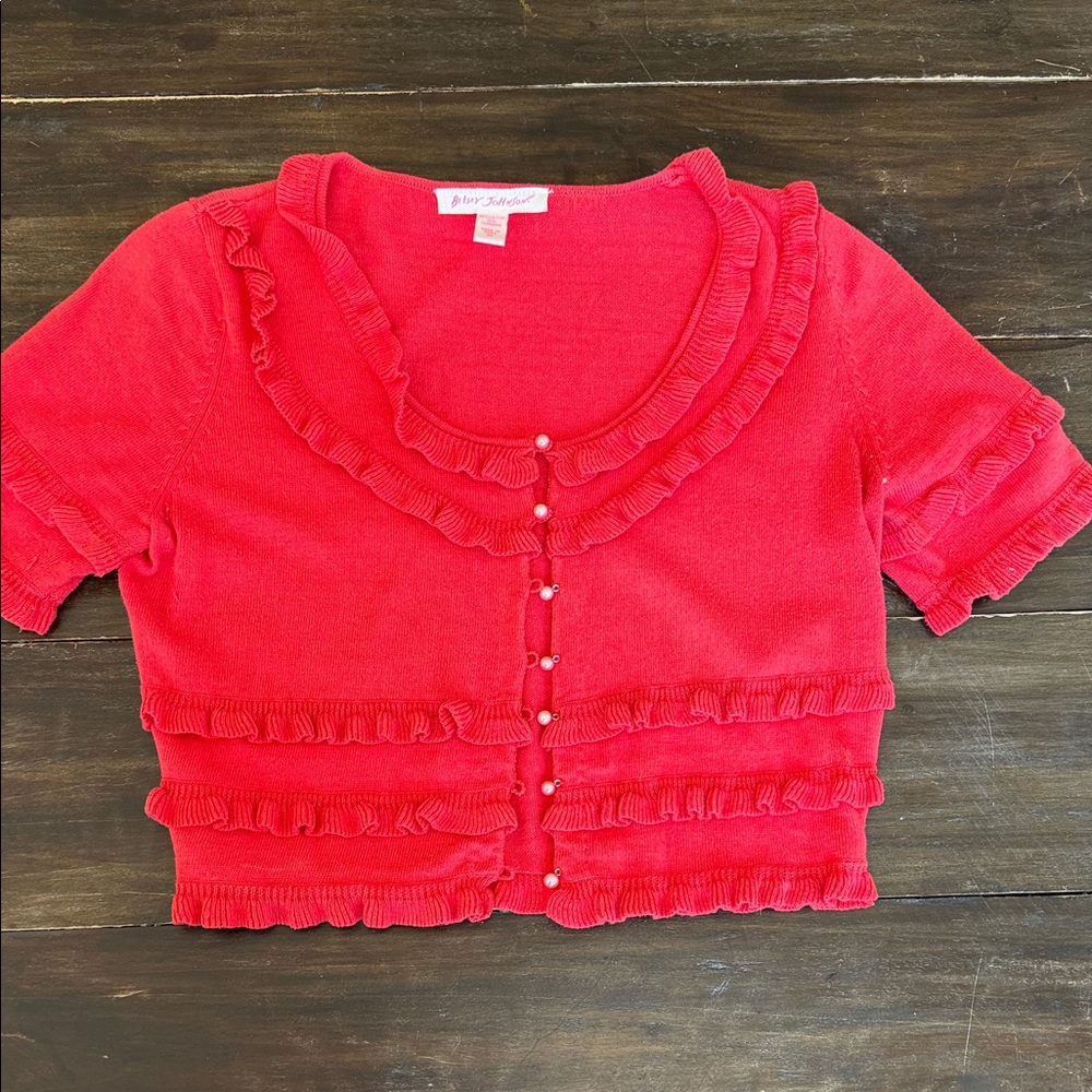 Betsey Johnson Red Ruffled Button Down Sweater